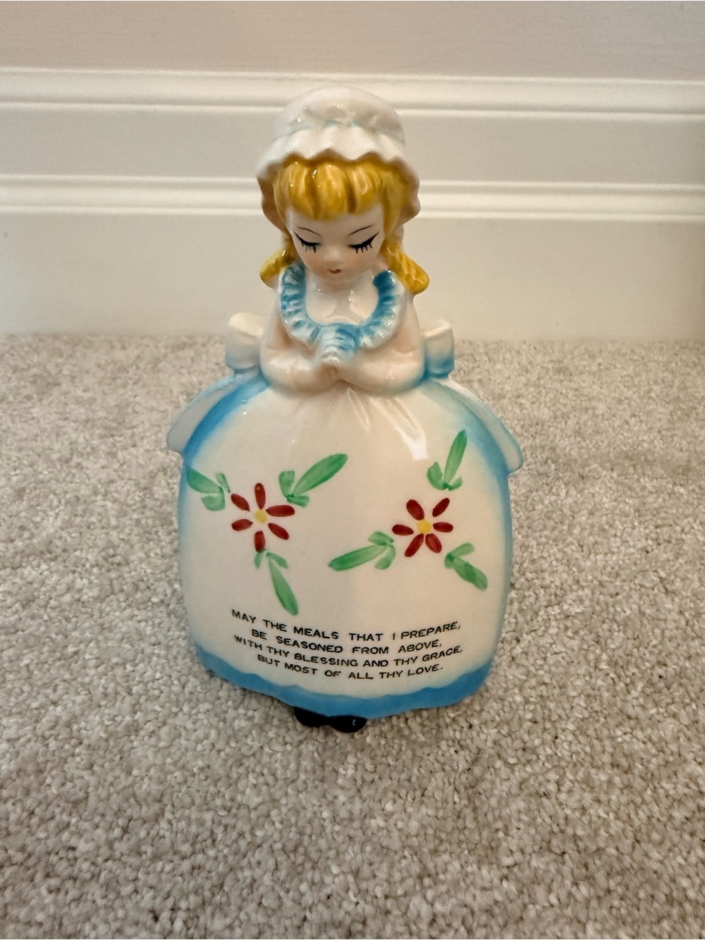 Vintage Ceramic Praying Girl Figurine in White and Blue